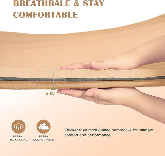 Lazy Daze Hammocks 12 FT Quilted Fabric Hammock with Curved Aluminium Spreaders Bar, Outside Double Thickened Hammock with Soft Pillow, Side Pocket 450 Lbs Capacity for Patio, Poolside, Khaki