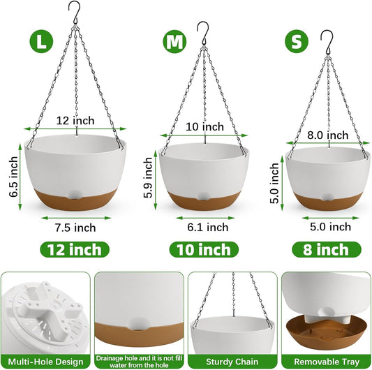 12/10/8 Inch Hanging Planter, Hanging Plastic Plant Self Watering Pot with Drainage Holes and Saucers, Hanging Baskets Flower Pots for Indoor Outdoor Garden Plants and Flowers,Set of 3-White