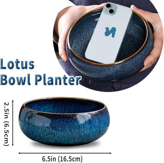Oncpcare Lotus Bowl Planter – Ceramic Water Plant Pot Sacred Bonsai Bowl Lotus Flower, Shallow Glazed Vase for Lotus Seeds, Bonsai, Succulents, Hydroponic Plants (Blue)