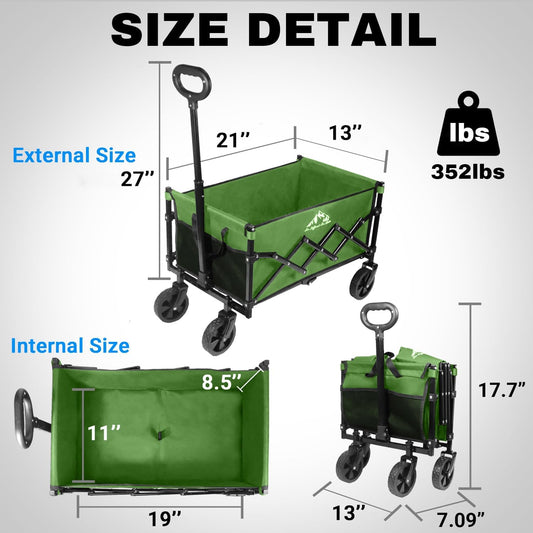 Collapsible Wagon 352LBS Capacity, Foldable Large Carts, Heavy Duty Outdoor Folding Cart with All-Terrain Wheels, Utility Garden Beach Wagon with Storage Bag Green