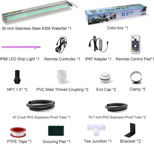 36" Water Pool Fountain 304 Stainless Steel Lighted Pool Waterfall Spillway with Wider Water Flow Platform, Multi-Color LED Strip Light with Remote Control for Indoor, Garden, Outdoor Decoration