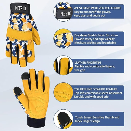 Cowhide Leather Thorn Proof & Puncture Resistant Gardening Gloves for Women and Men, Touchscreen Compatible Working Gloves for Weeding, Digging, Planting, Gardening Gifts for Women, Size Medium