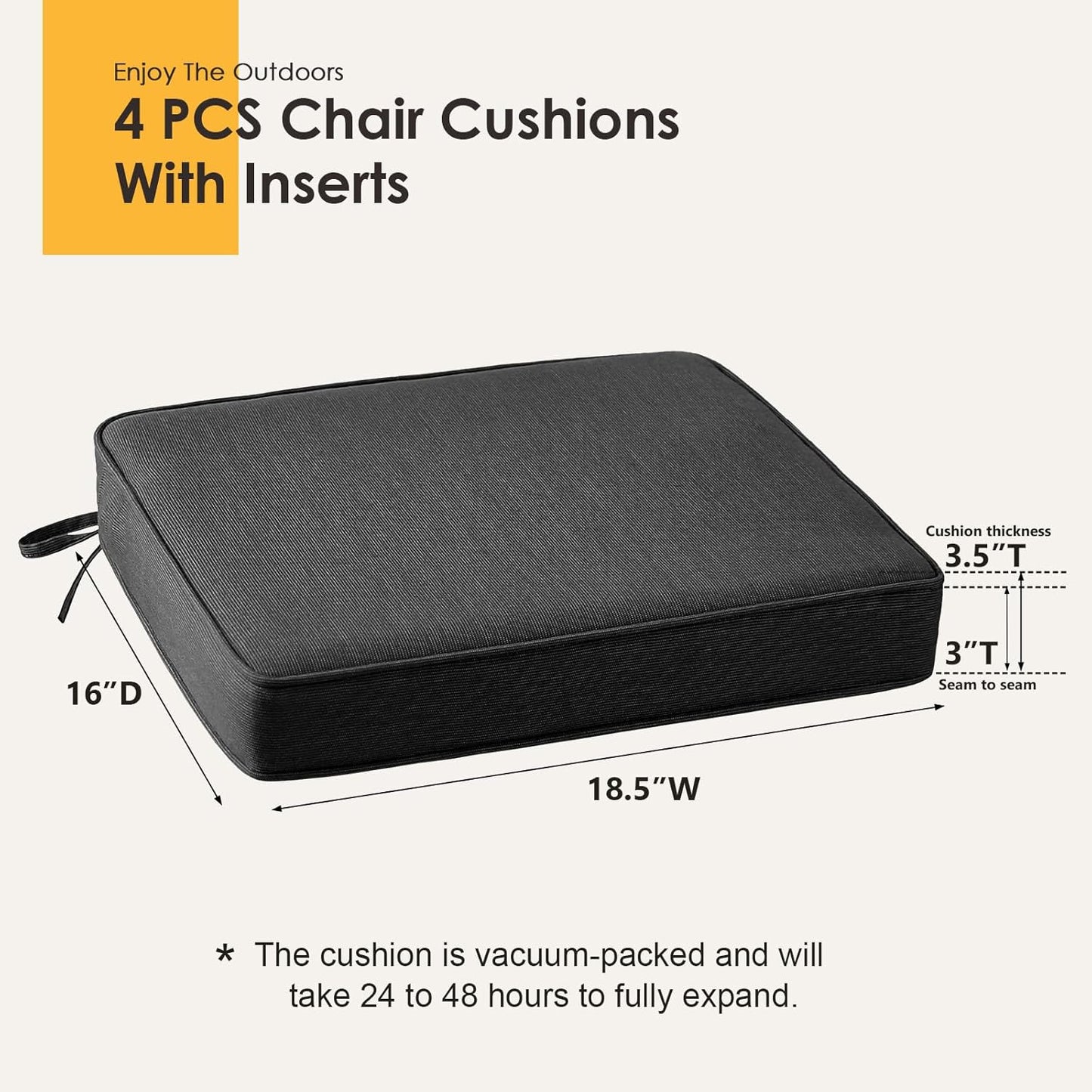 Outdoor Sunbrella Square Corner Seat Cushion, 18.5"x16"x3", Set of 4, Non Slip Seat Cushion Pads with Removable Cover for Patio Furniture, Garden Yard Lawn, Spectrum Carbon