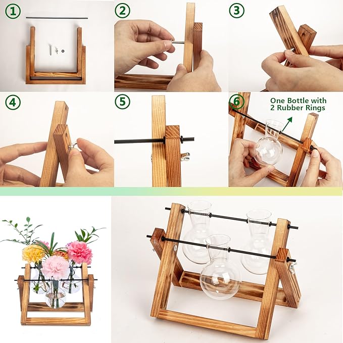 Plant Propagation Station Traveler's Glass Tabletop Planter with Vintage Wooden Stand 3 Bulb Vase for Hydroponic Plants Indoor Office Desktop Home Decor, Plant Stand (3 Bulbs)