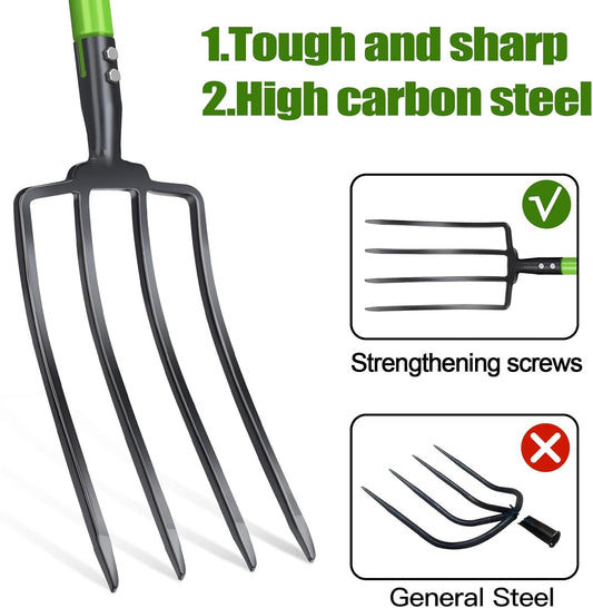GARDENWORK Garden Fork,Pitchfork for Garden Digging Compost Spading,4-Tines Pitch Fork with Steel Handle and Strengthen Fork Head 45inches (with Protective Gloves)