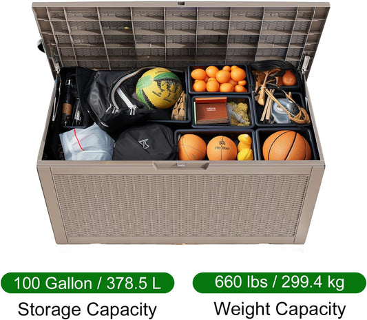 100 Gallon Outdoor Deck Box,Storage Lockable Waterproof Patio Furniture,Garden Tools,Cushions,Pool Accessories Outside Storage Resin Box(Grey)