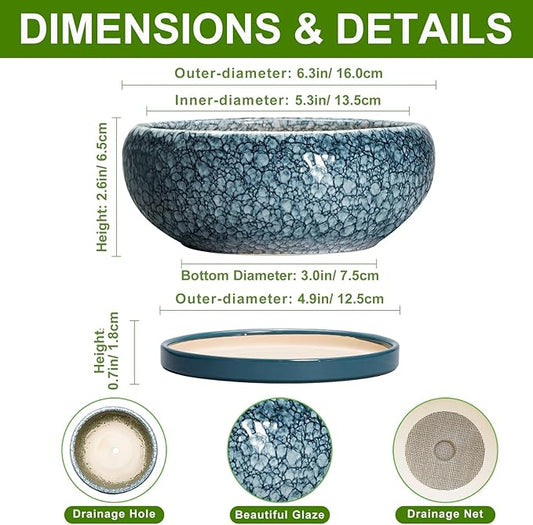 Succulent Pots 6 Inch - Ceramic Bonsai Pots with Drainage Hole and Saucer, Shallow Planters for Indoor Outdoor, Small Bonsai Pot, Round Planter Bowl, Porch Room Decor, Plant Lover Gift, Blue