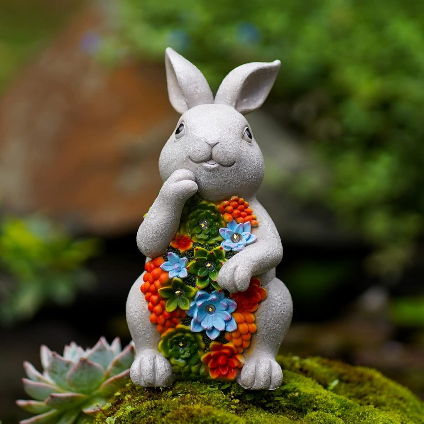 Nacome Garden Outdoor Statues Bunny with Succulent and 7 LED Lights – Lawn Decor for Patio, Balcony, Yard Ornament - Unique Housewarming Gifts