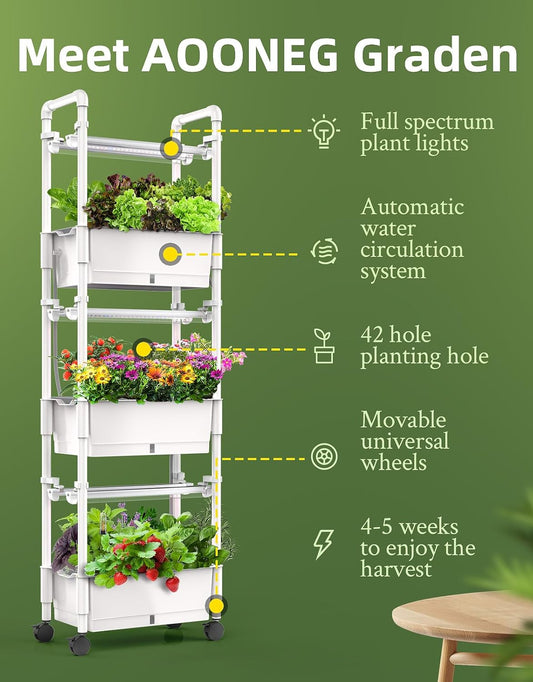 Hydroponics Growing System,AOONEG 42Pods Indoor Herb Garden with LED Grow Light,Hydroponics Growing System Kit with Automatic Timer,Pump System,Adjustable Height (No Seed,Glossy White, 3Layer-42Pods)