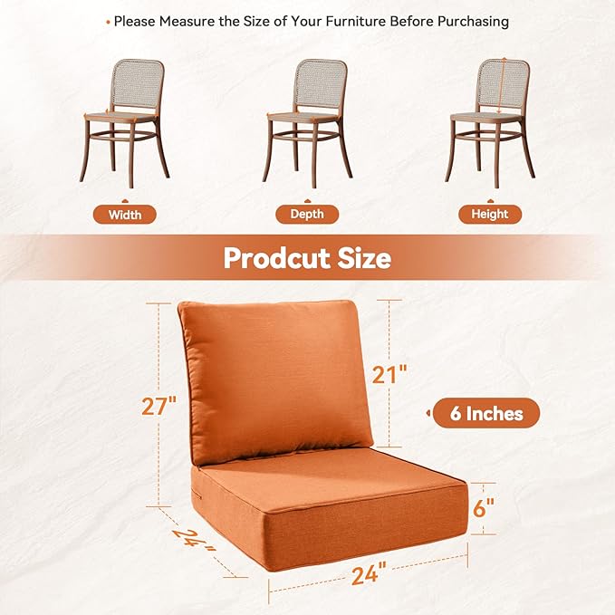 Luxury 6" Outdoor Cushions for Patio Furniture, 24x24x6" Thick Seat Cushion Set, Fade Resistant Couch Chair Replacement Cushions High Density Deep Wicker Chair Cushion with Removable Cover, Orange