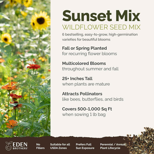 Eden Brothers Sunset Flower Mixed Seeds for Planting, 1 lb, 480,000+ Seeds with Cosmos, Zinnia, Sunflower, Corn Marigold | Attracts Pollinators, Plant in Spring or Fall, Zones 3, 4, 5, 6, 7, 8, 9, 10