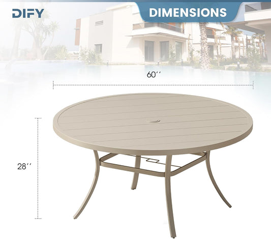 DIFY 60" Round Outdoor Patio Dining Table for 8-10, Metal Patio Table with 1.57" Adjustable Umbrella Hole, All-Weather Dining Furniture Table for Backyard Lawn Garden, Cream