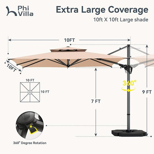 PHI VILLA 10ft Patio Cantilever Umbrella With Base, 360° Rotation & Infinite Tilt Aluminum Square Double Top Outdoor Offset Umbrella, Heavy Duty for Garden Poolside Backyard, Beige