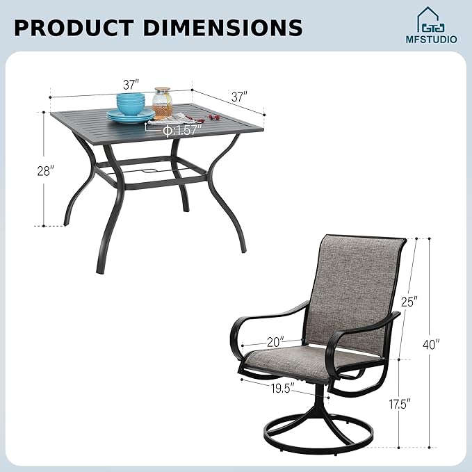 MFSTUDIO Patio Table and Chairs Set, Outdoor Dining Set for 4 with Umbrella Hole, 5 Piece Patio Furniture Set for Deck/Backyard/Poolside/Garden