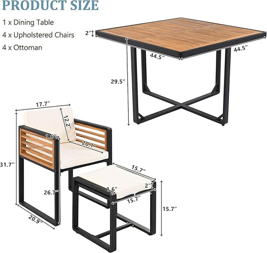 Merax 9 Pieces Outdoor Dining Set for 8 People, Acacia Wood Patio Furniture Sets with 1 Square Table, 4 Cushioned Chairs and 4 Ottomans for Backyard, Garden, Lawn, Poolside, Space Saving Design, Beige