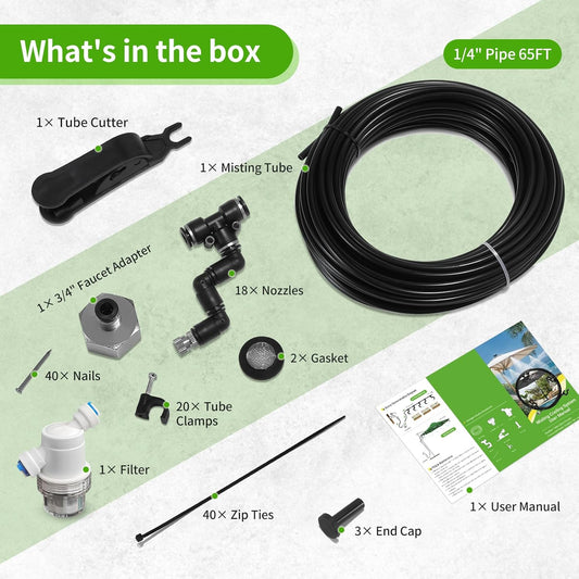 Misters for Outside Patio, 65FT (20M) Misting Line + 18 Adjustable 360° Nozzles + 3/4” Threaded Adapter, Misting Cooling System for Patio, Garden, Greenhouse, and Trampoline