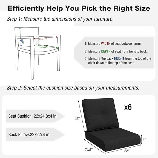 Joyside Outdoor Chair Cushions Set, 22x25/22x24 Inch Patio Furniture Deep Seat Cushions, Water Resistant & Thick Cushion, Outdoor Replacement Cushions for Seat and Sofa (Black, 6 Set)