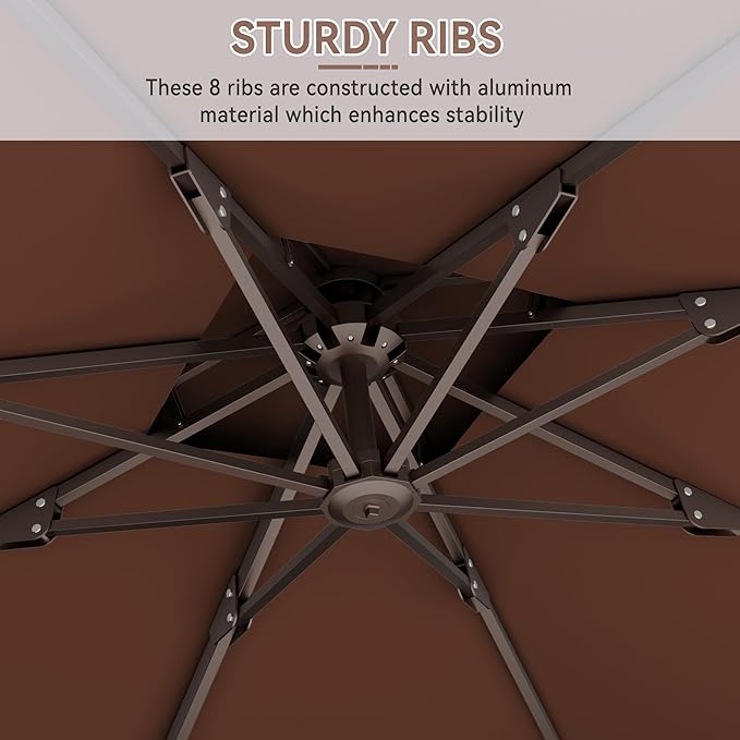 10' X 10' Cantilever Patio Umbrella Outdoor Heavy Duty Double Top Windproof Square Offset Umbrellas with 360-degree Rotation for Pool Deck Backyard, Brown