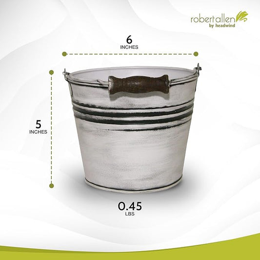 Headwind Vintage Collection - 6 Inch Rustic White Banded Planter with Handles – Galvanized Bucket Planter - Decorative Small Planters for Indoor Plants & Outdoor Use by Robert Allen