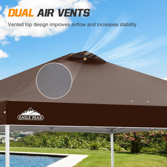 EAGLE PEAK Pop Up Canopy Tent with Wheeled Carry Bag, 8 Stakes, 4 Ropes, 4 Weight Bags, Easy Set Up Tent Canopy, 10x10 ft, 100sqft of Shade,Brown