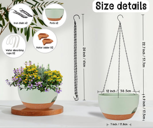 2 Pack 12 Inch Large Hanging Planters with Chains Self Watering Green Brown Plastic Hanging Pots for Indoor Outdoor Plants, Garden Porch Home Decor,Green Brown