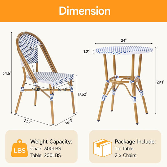 3 Piece French Wicker Bistro Set, Patio Bistro Set with Table and 2 Dining Chairs, All Weather Outdoor Bistro Set with Aluminum Frame, Outdoor Patio Set for Patio Porch Cafes Yard, Navy and White