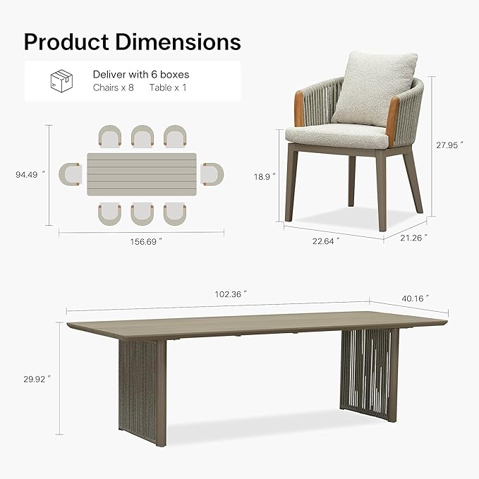 PURPLE LEAF 9 Pieces Outdoor Dining Set for 8, Aluminum Outdoor Patio Table and Chairs Set with Olefin Cushions, All-Weather Patio Dining Set for Garden or Deck, Beige
