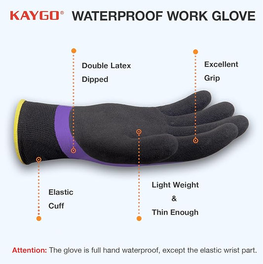 KAYGO Waterproof Work Gloves for Men and Women, Rubber Coated Non-slip Working Gloves for Garden, Outdoor Construction,KG150,Purple,XS