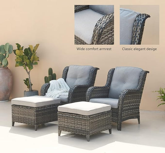 Rilyson Outdoor Patio Wicker Furniture Set - 5 Piece Rattan Patio Conversation Sectional Sofa Set with 1 Couch,2 Armchairs,2 Ottomans for Porch Deck Garden(Mixed Grey/Grey)