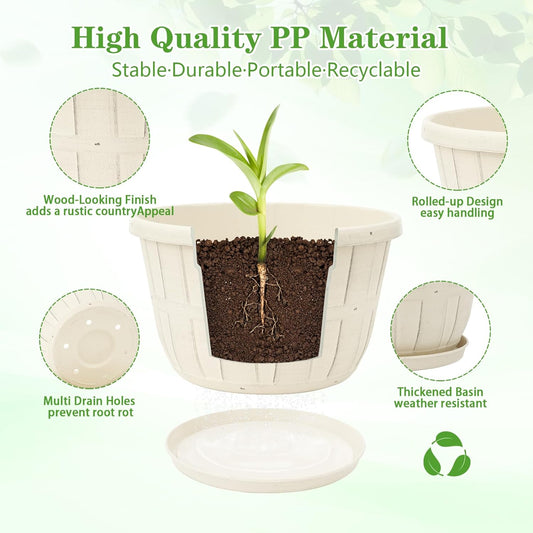 Quarut 12 Inch Large Planter Pot for Plants Indoor Outdoor, 4 Pack Plastic Flower Pots with Drainage Hole & Tray, Modern Decorative Garden Pot with Saucer, Plant Container for House(White)