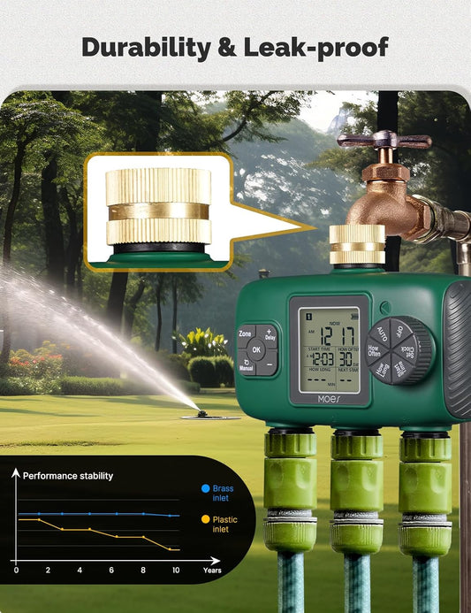 MOES 3 Outlet Sprinkler Timer, Brass Inlet, Programmable Automatic Irrigation Controller, Rain Delay, Manual Watering, 3 Zone Water Hose Timer for Gardens, Lawns, and Hose Systems