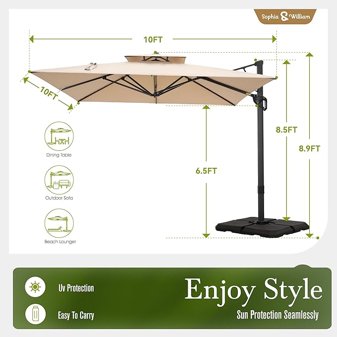 Sophia & William Cantilever Patio Umbrella 10ft, Offset Large Square Outdoor Umbrellas with 360-degree Rotation, Heavy Duty Windproof for Garden Pool Backyard, Beige with Base