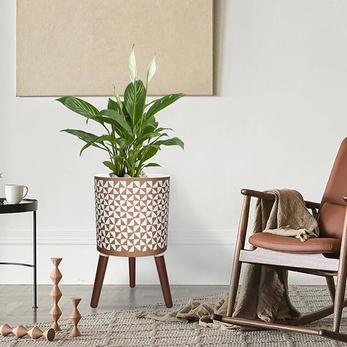 12 Inches Plant Pot with Stand, Large Modern Standing Planters for Indoor Outdoor Plants with Drainage Holes, Big White & Gold Flower Pots with Legs
