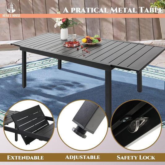 HERA'S HOUSE 9 Pieces Patio Dining Set, Outdoor Table Chairs Set for 8, 8 x Brown Dining Chair and 1 x Extendable Metal Dining Table for Patio Garden Porch Deck