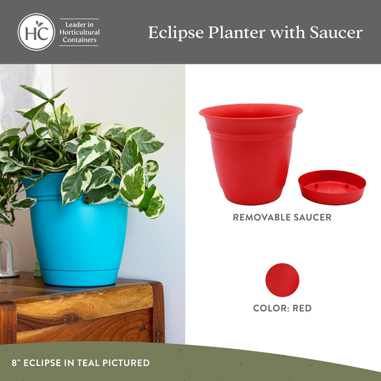 The HC Companies Eclipse Round Planter with Saucer - Outdoor & Indoor Plant Pot with Drainage Holes - Lightweight, UV-Resistant Plastic Pots for Plants, Flowers & Herbs (6" Red, Pack of 1)