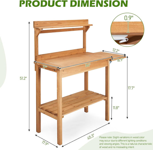Outdoor Potting Bench Garden Work Station, Solid Wood Planting Table w/Sink Drawer Shelves,Metal Top, Folding Patio Furniture for Porch Balcony (45.3 x 17.9 x 51.2(Fir Wood Color))