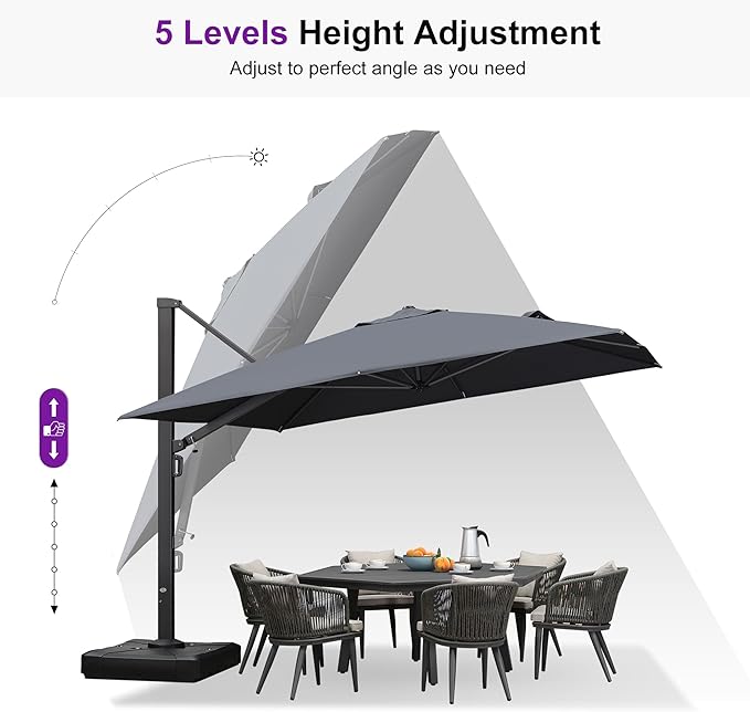 PURPLE LEAF 10' X 13' Rectangle Patio Umbrella with Base Large Windproof Offset Hanging Outdoor Umbrella Cantilever Umbrella Outdoor Patio Grey