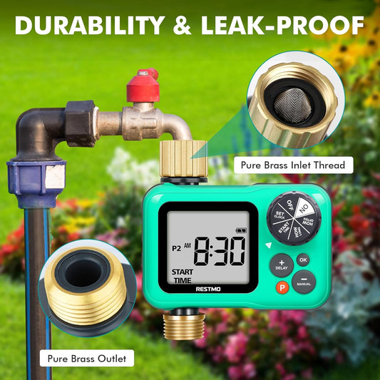 RESTMO Sprinkler Timer with Brass Inlet & Outlet, 3 Separate Programs Hose Timer, Programmable Water Timer for Garden Hose, Manual | Rain Delay | Automatic Watering System for Drip Irrigation and Lawn