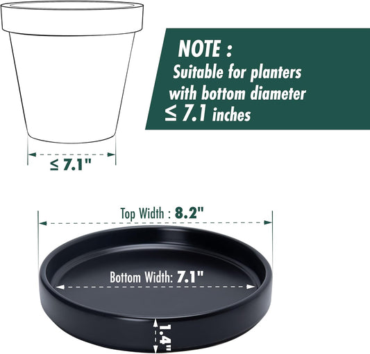 D'vine Dev Modern Round 7.1 Inch Ceramic Plant Pot Saucer, Planter Pot Drainage Tray for Indoor Plants, Matte Black, 97-T-B-3