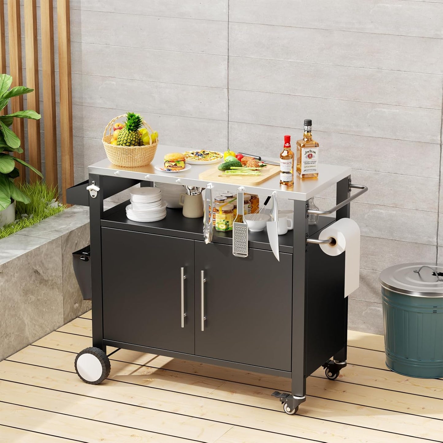 Outdoor Grill Cart with Patio Furniture, Outdoor Grill Table with Storage,Rolling Bar Cart Outdoor BBQ Cart with Hooks and Spice Rack for Grilling Accessories(Double Door, Black)