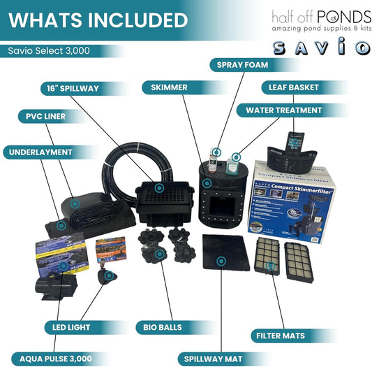 HALF OFF PONDS Savio Select 3,000 GPH Submersible Pump Pond Kit with 10' x 15' PVC Plastic Pond Liner for Water Garden & Koi Pond