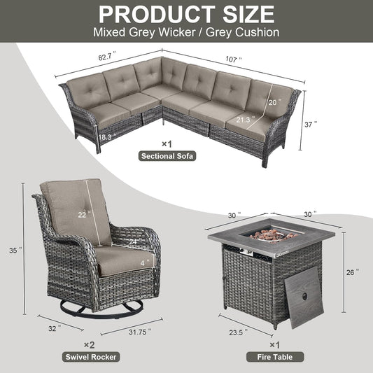 Outdoor Sectional Sofa Furniture Set with Propane Fire Pit Table, Wicker Patio Conversation Set with 2 Swivel Glider Rocker Chairs Grey Cushion Perfect for Backyard Casual Gathering