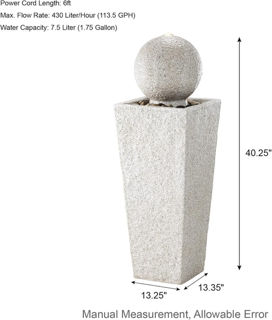 Glitzhome Outdoor Water Fountain with LED Light, Modern Oversized Sphere Pedestal Water Fountain with Submersible Pump, Modern Geometric Outdoor Fountains for Garden Patio Porch, 40.25" H