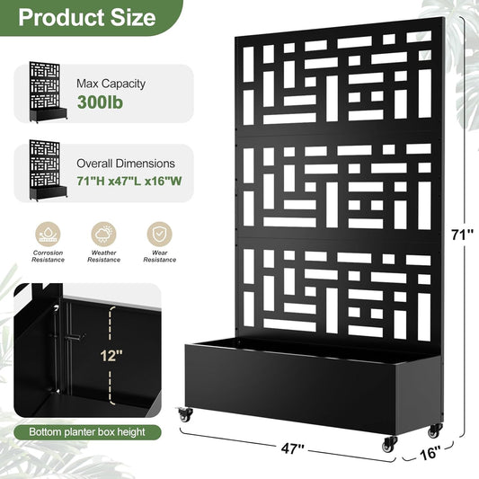 Metal Planter Box with Trellis, 71"x 47"x 16" Raised Garden Bed with Trellis & Wheels, Privacy Planters for Patio, Planter Box with Drainage Holes for Climbing Plants, Flower, Vegetable