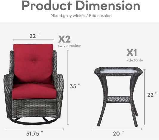 Outdoor Swivel Rocker Wicker Chairs Set of 3, High Back Swivel Patio Chairs Wicker Furniture Set, 2 PCS Rattan Swivel Rocking Chair with Side Table, Red Cushion