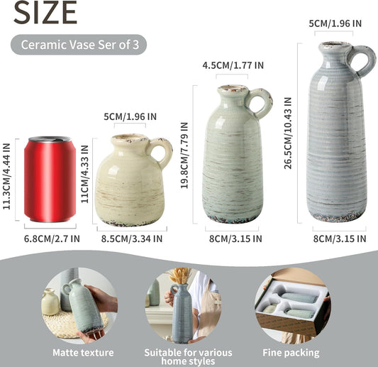 Ceramic Vase Set of 3 | Neutral Vase Home Decor with Handle | Pottery Modern Farmhouse Vases Pampas Grass Flower Vases for Home Decor Table Living Room Centerpieces Mantel Decor - Multicolor