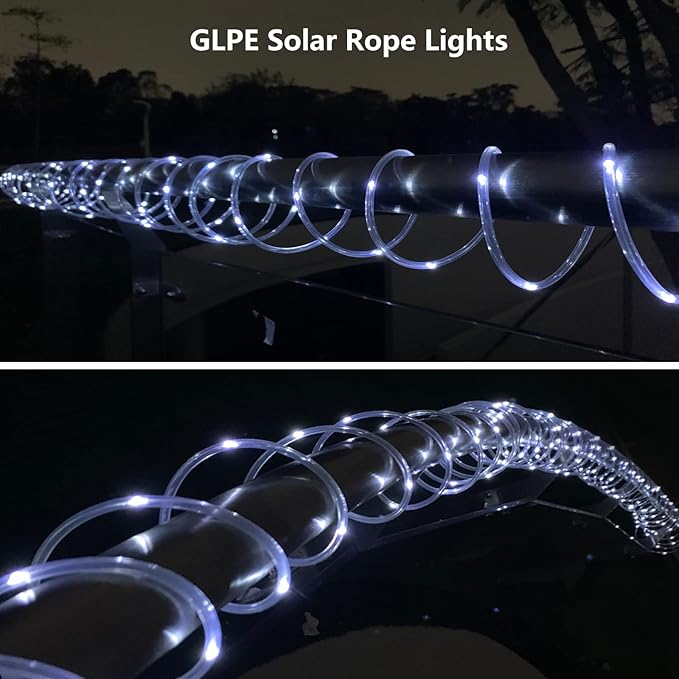 Solar Rope Lights Outdoor Waterproof LED, 66ft 200 LEDs Cold White String Lights,8 Lighting Modes Tube Lights with Remote for Christmas Garden Swimming Pool Trampoline
