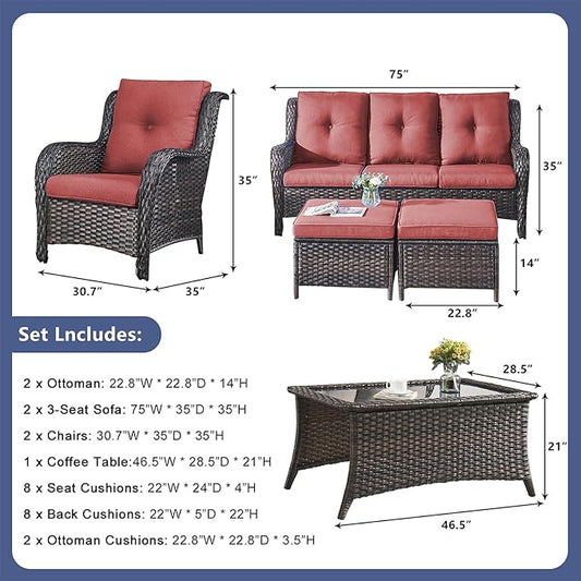 Rilyson Wicker Patio Furniture Sofa Set - 7 Piece Rattan Outdoor Patio Sectional Conversation Sets with 2 Sofa,2 Armrest Chairs,1 Coffee Table and 2 Ottomans for Porch Deck Garden(Brown/Red)
