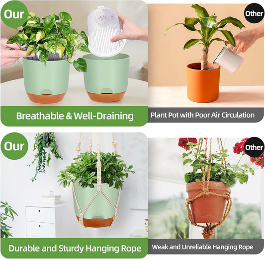 2-Pack Self-Watering Hanging Planters for Indoor & Outdoor Plants,34-Inch macrame hanger plant pots indoor with drainage,5.7-Inch Small Hanging Planters & Baskets in Green,With two sets of hooks