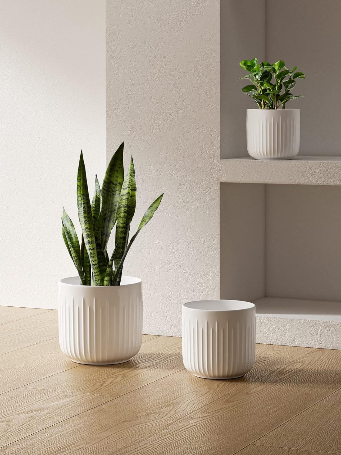 LE TAUCI Fluted Ceramic Planters Set of 3 – 8.3/7 / 5.7 in White Cylinder Indoor Plant Pots with Drainage Plug & Mesh, Matte Glazed Stoneware Flower Pots for Succulent Herb Cactus